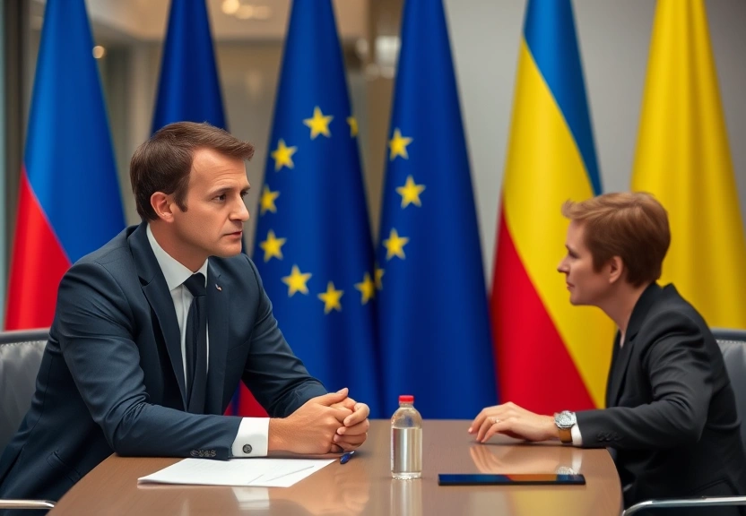 Representação visual de Emmanuel Macron garante uma paz sólida para a Ucrânia e Europa em encontro com Zelensky